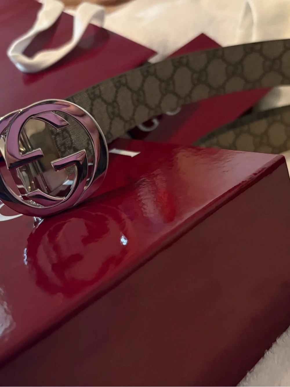 Gucci GG Monogram Belt in Beige with Black Reverse and Silver Buckle